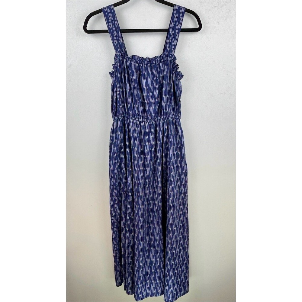 Outerknown Dress Womens Blue White Ikat Midi Sleeveless Elastic- NEW - Picture 2 of 7